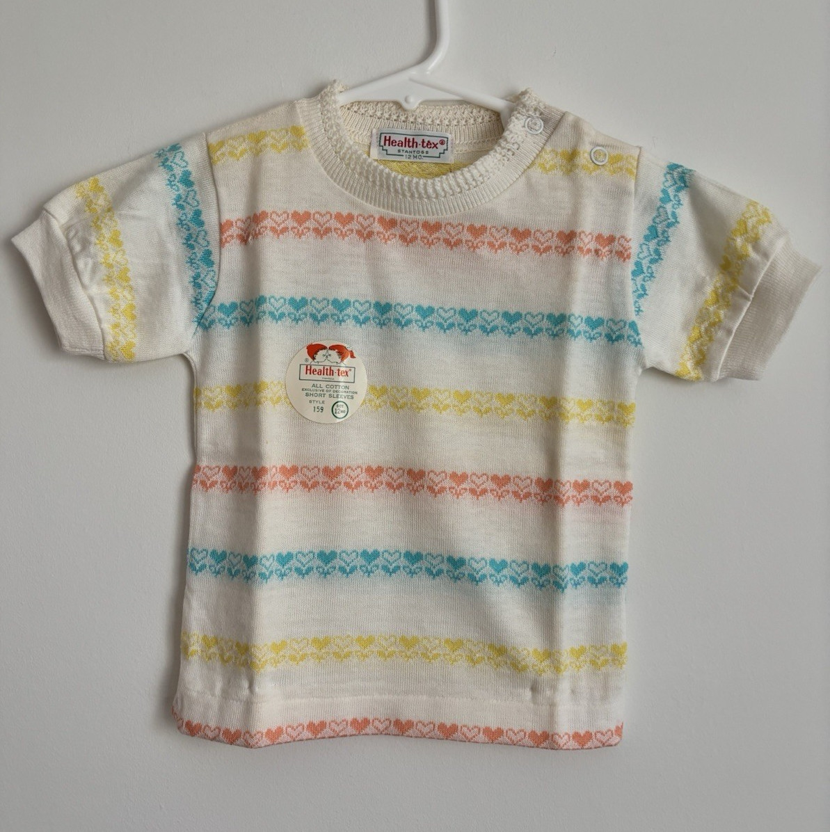 Vintage 70s Health-tex 100% Cotton Striped Hearts Short Sleeve Tee - Size 12m Vintage 70s Health-tex 100% Cotton Striped Hearts Short Sleeve Tee - Size 12m
