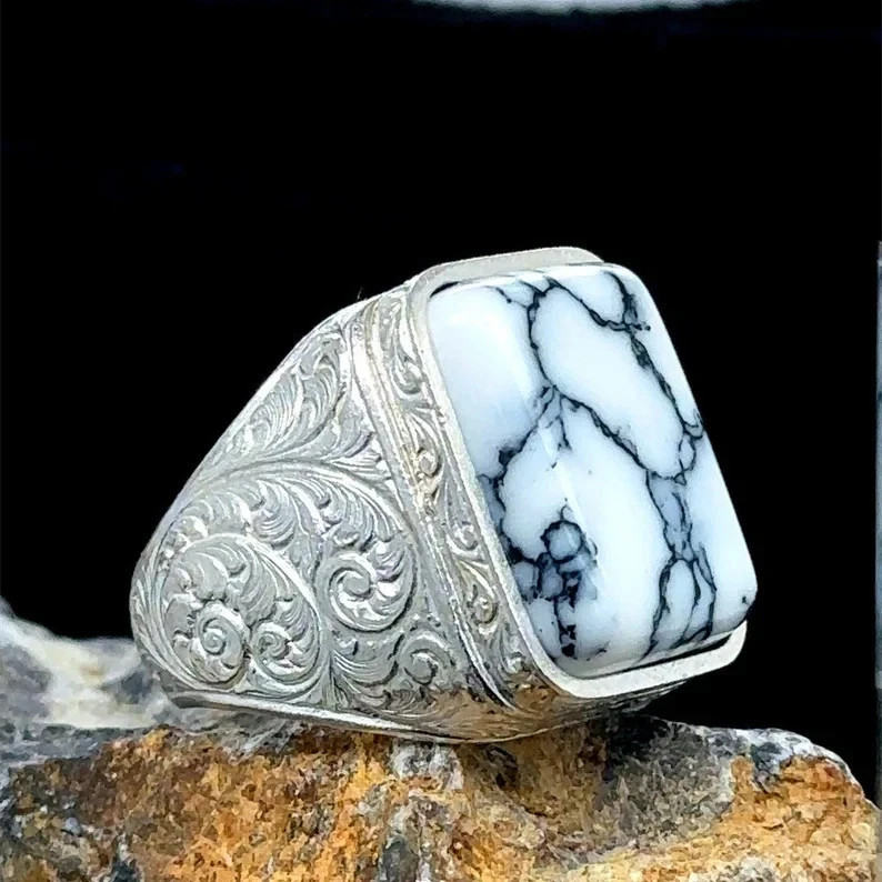 Men’s White Turquoise Ring 925 Sterling Silver Handmade Ottoman Engraved Gift