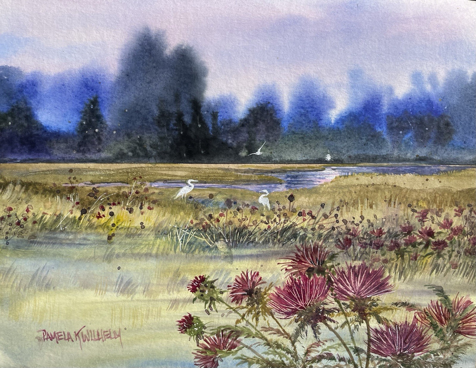 8.5x11” Pamela Wilhelm Original Ink & Watercolor Whimsical Egrets & Red Thistles 8.5x11” Pamela Wilhelm Original Ink & Watercolor Whimsical Egrets & Red Thistles