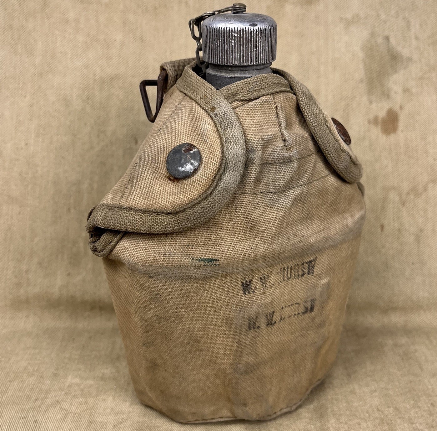 Original WWII WW2 USMC First Pattern P1 Canteen Cover With Canteen And Cup Named Original WWII WW2 USMC First Pattern P1 Canteen Cover With Canteen And Cup Named