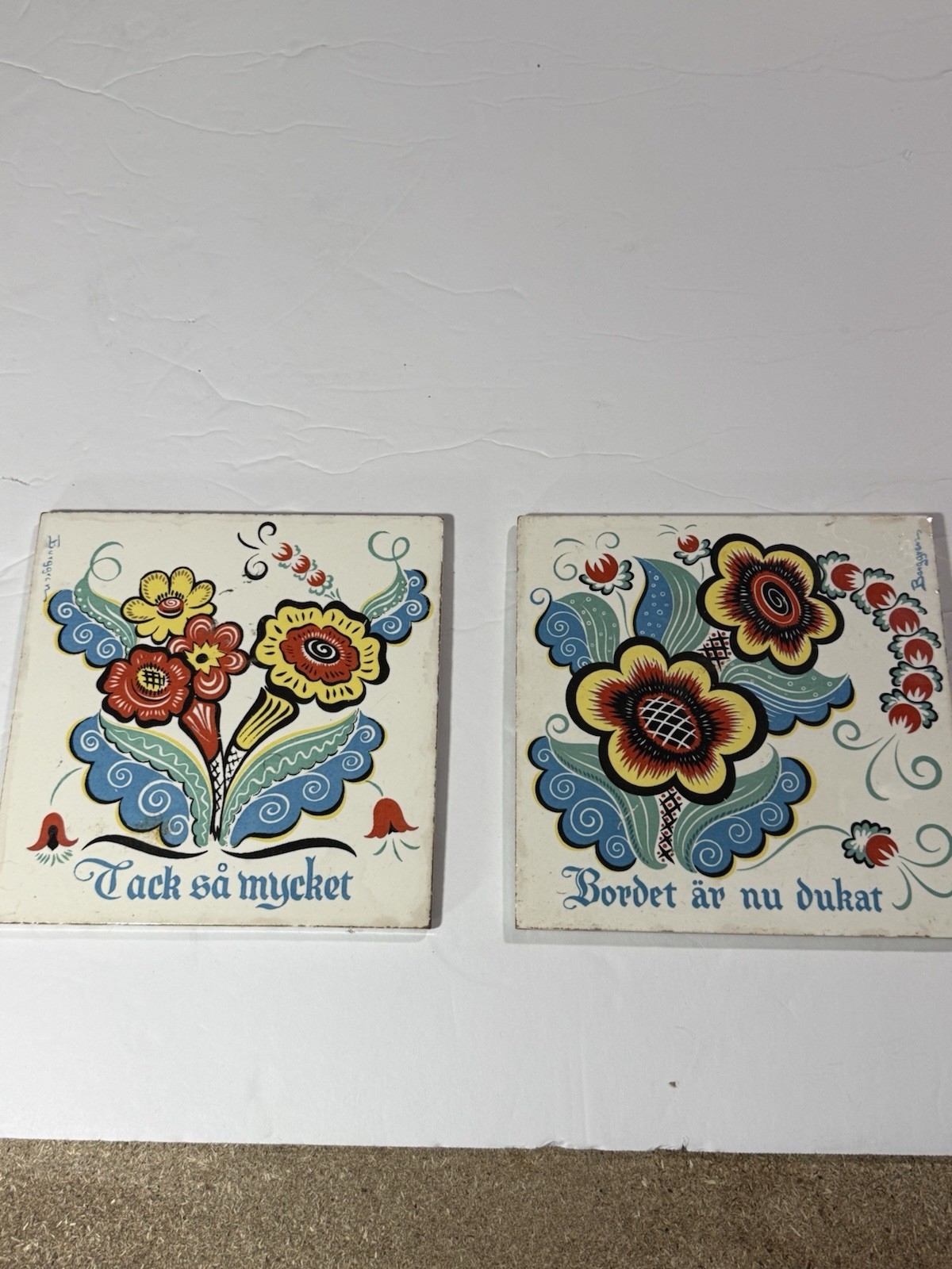 Vtg Berggren Ceramic Trivet Tile Bordet Ar Nu Dukat Swedish 6X6 Set Of 2