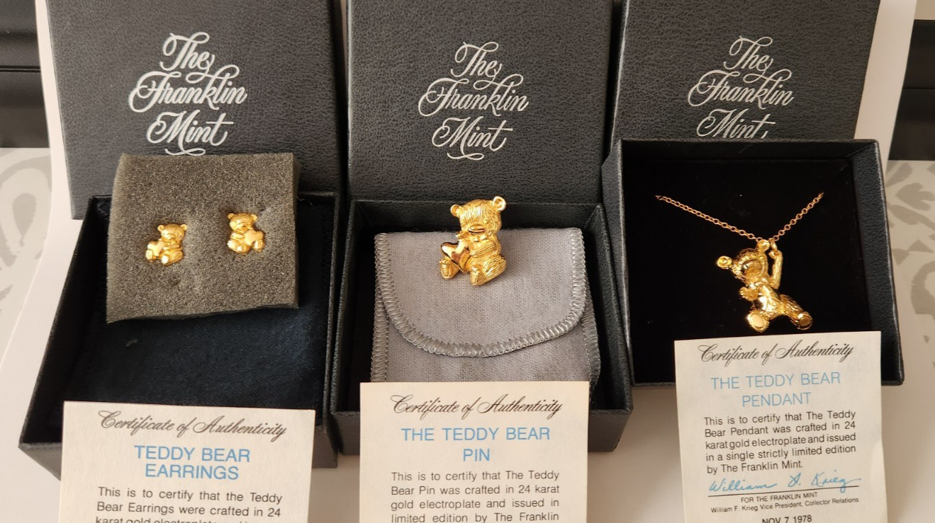 Vtg. Franklin Mint 24k Plated Teddy Bear Necklace, Pin and Earrings with Boxes