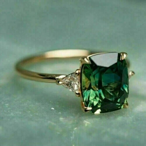 2.5Ct Cushion Emerald & Lab Created Diamond Engagement 14K Yellow Gold FN Ring