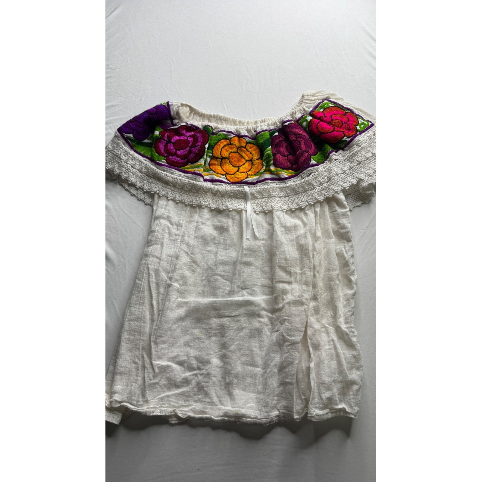 Mexican Embroidered Floral Peasant Blouse White Cotton Gauze Lace Off Shoulder