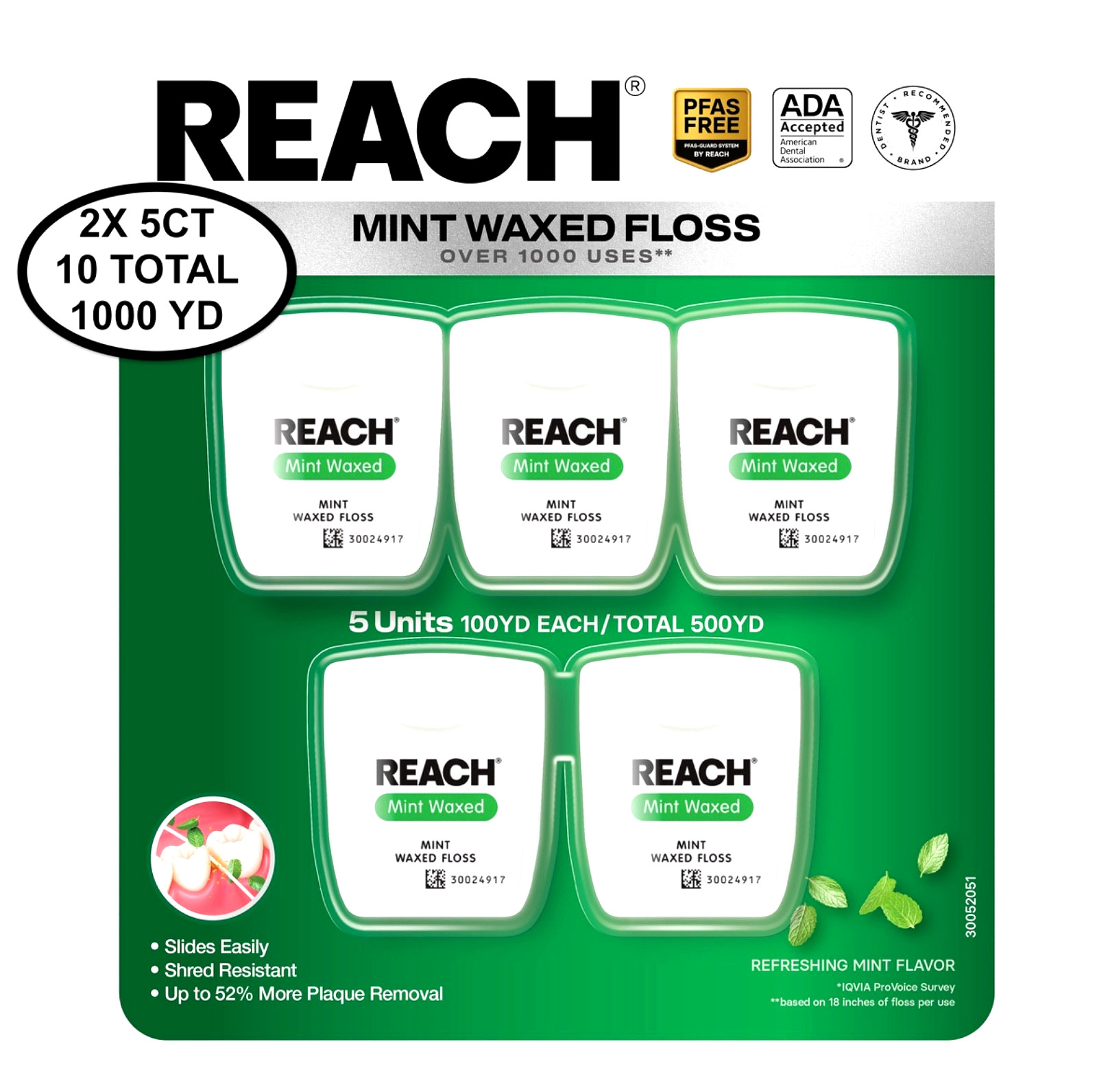 10 Pk. Reach Mint Waxed Floss Refreshing Mint, 10 Pk (100 Yd Ea.) 1000 Yd Total