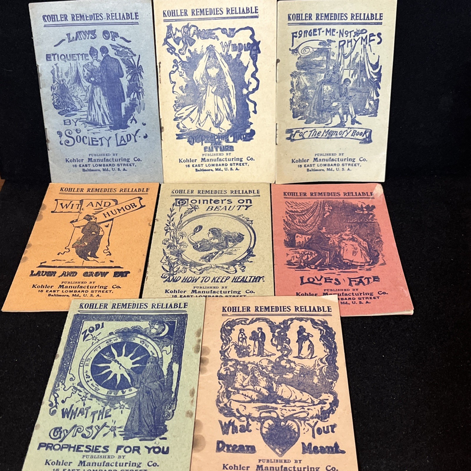 1890’s Kohler Remedies Reliable Booklet 8pc Lot Humor Gypsy Love Fate Antique