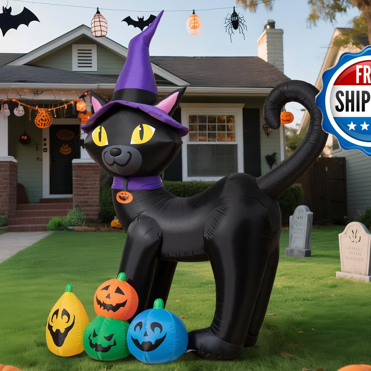 Dawdix 6FT Halloween Inflatable Black Cat Witch Hat And 4 Colorful Pumpkins Dawdix 6FT Halloween Inflatable Black Cat Witch Hat And 4 Colorful Pumpkins