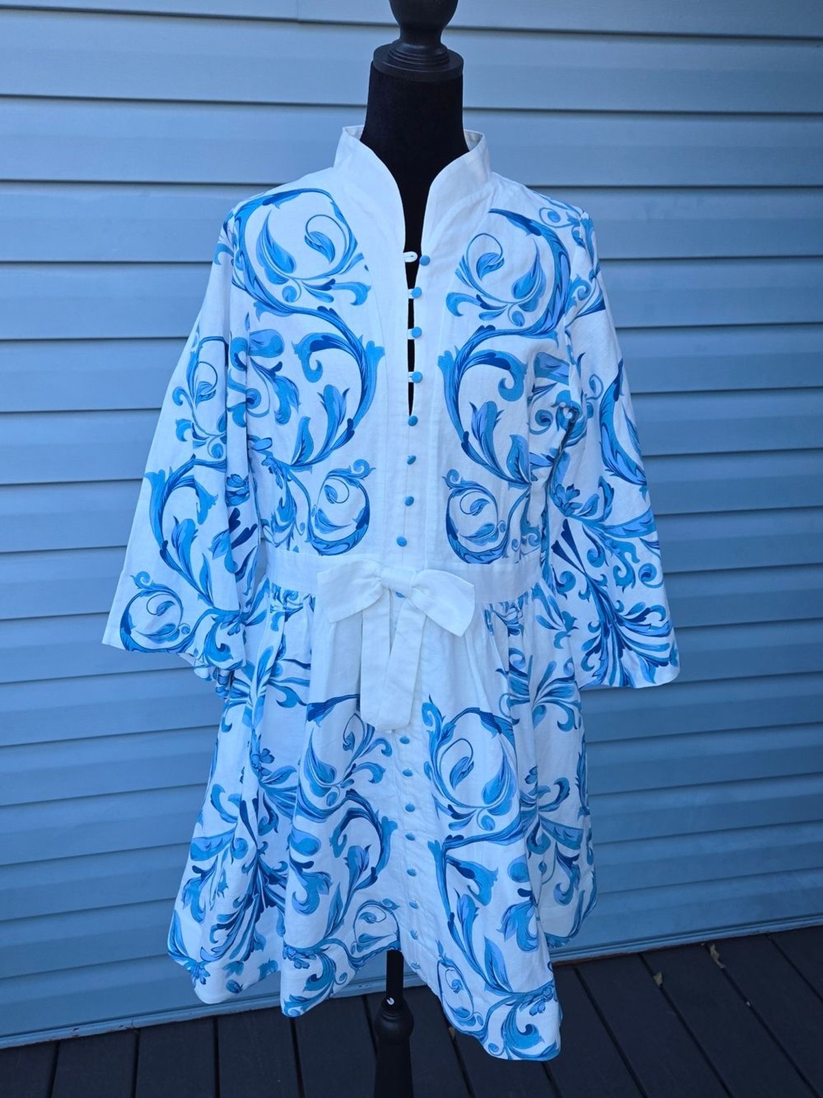 Mestiza New York Carmen Mini Dress Blue White Size 10 Mandarin Collar 3/4 Sleeve