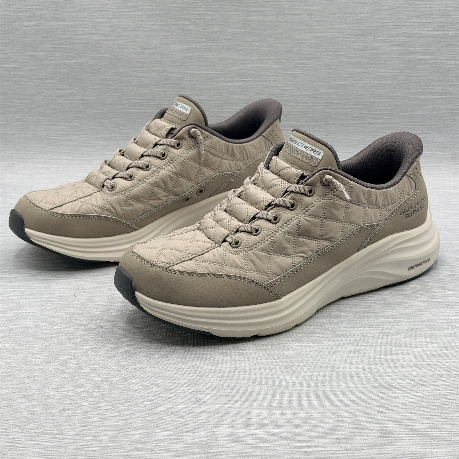 Skechers Slip Ins Men\'s 9 Shoes Taupe Tan Cozy Fit Quilted Hands Free 232619