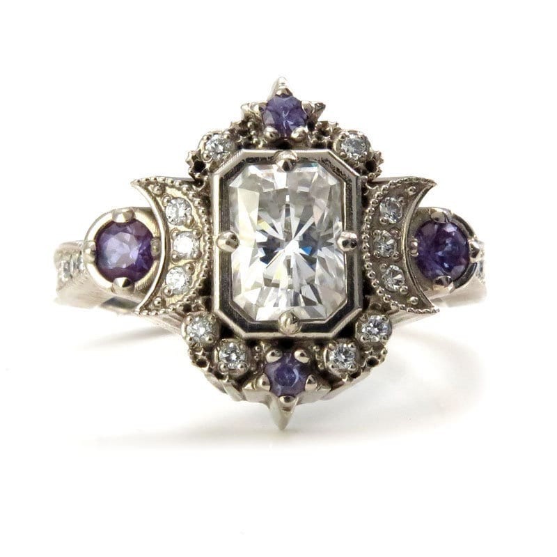 Art Deco Style Lab Created Diamond Moon Goddess Wedding 14K White Gold Plated
