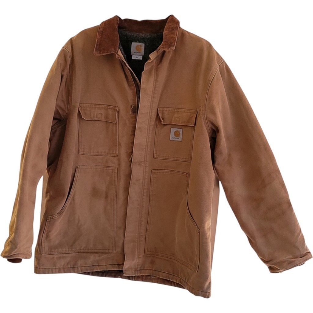 Vintage Carhartt Duck Work Jacket Corduroy Collar Lined Made in USA Sz 42 Faded