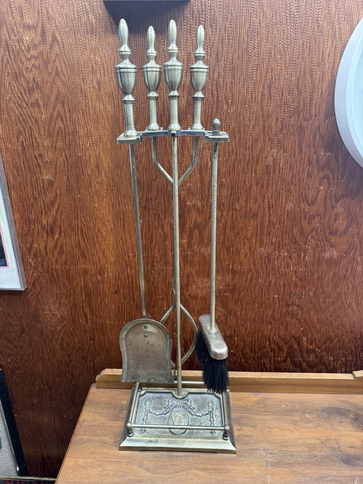 Antique Ornate Brass Fireplace Tool Set 4PC Cameo Victorian Fireside 32”