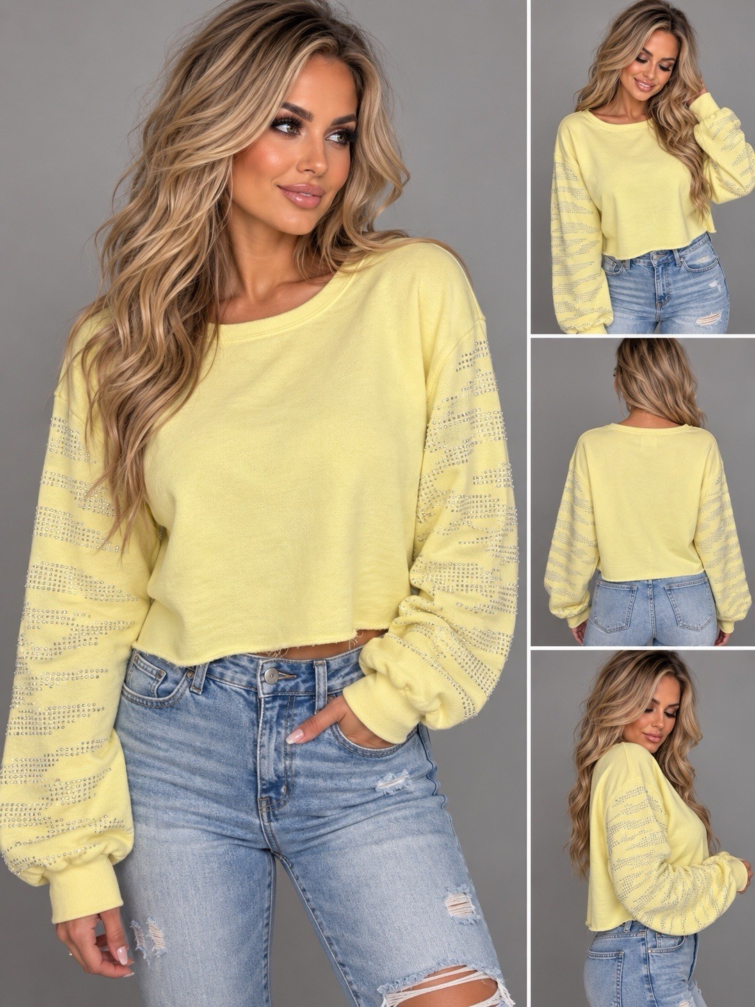INC International Concepts Women’s Rhinestone Sleeve Cropped Sweatshirt Yellow INC International Concepts Women’s Rhinestone Sleeve Cropped Sweatshirt Yellow