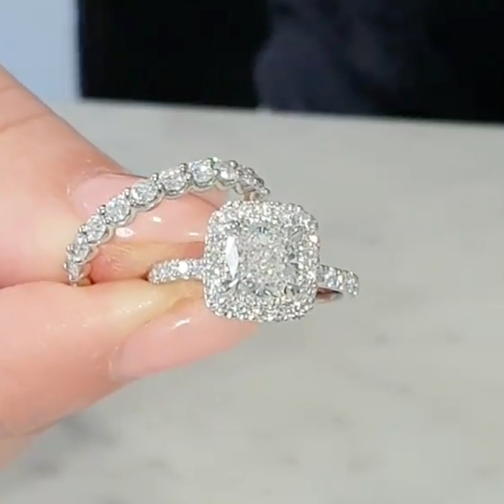 3.20TCW Cushion Cut Moissanite Bridal Set Engagement Ring 14k White Gold Plated