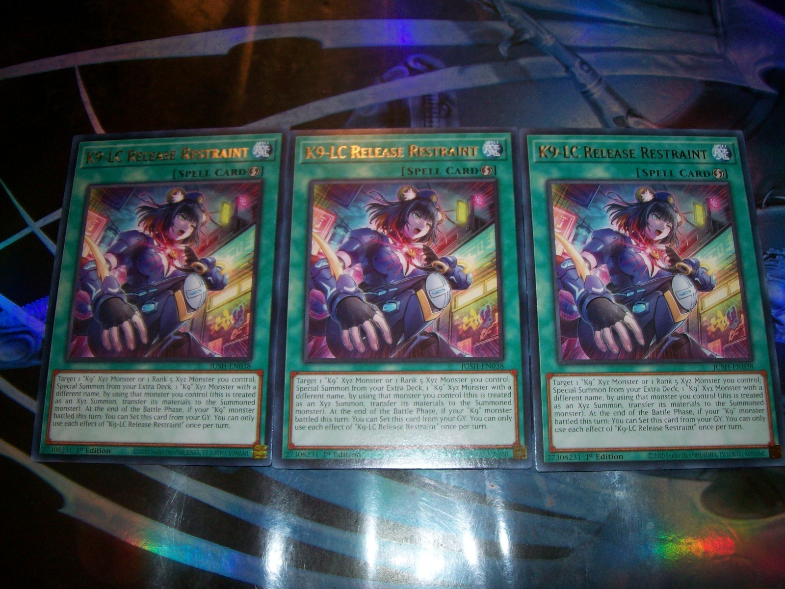 3x K9-LC Release Restraint 1st Edition Rare JUSH-EN038 Yu-Gi-Oh 3x K9-LC Release Restraint 1st Edition Rare JUSH-EN038 Yu-Gi-Oh