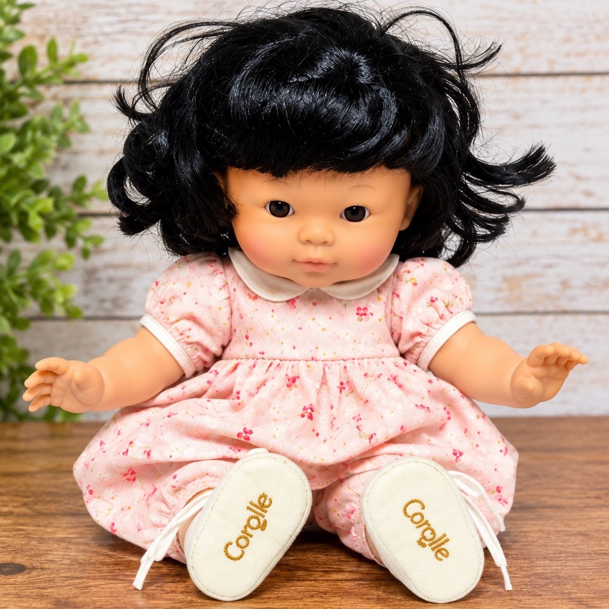 Corolle Asian Baby Doll 2001 S-5-F14 Black Hair Pink Floral Romper Shoes 12