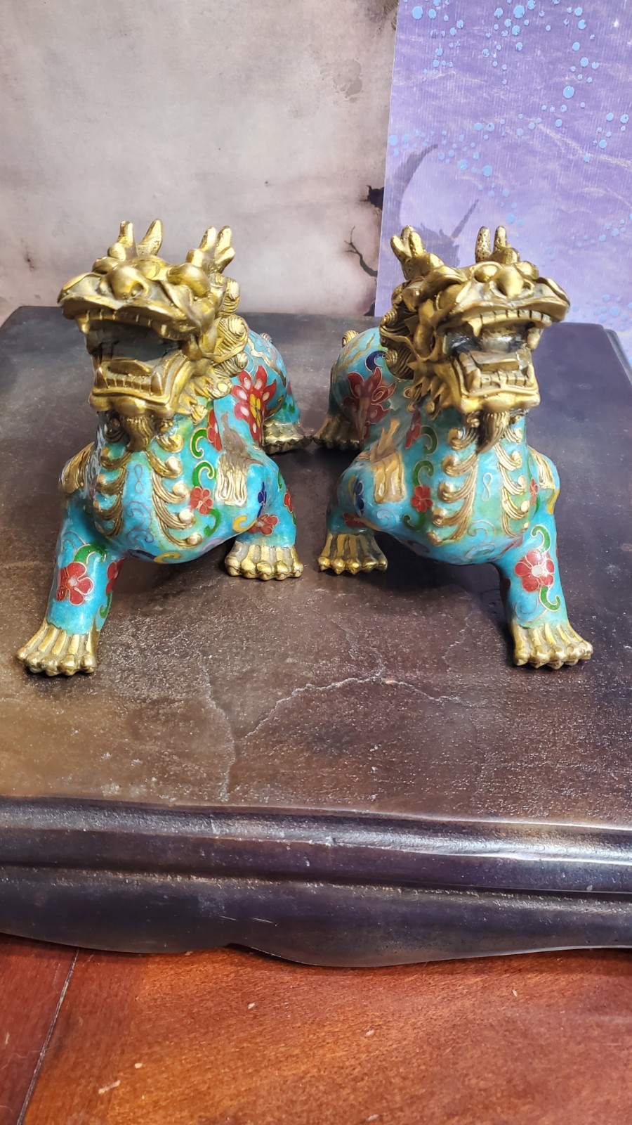 Pair Chinese Cloisonne-Style Qilin Dragon Enamel Statues