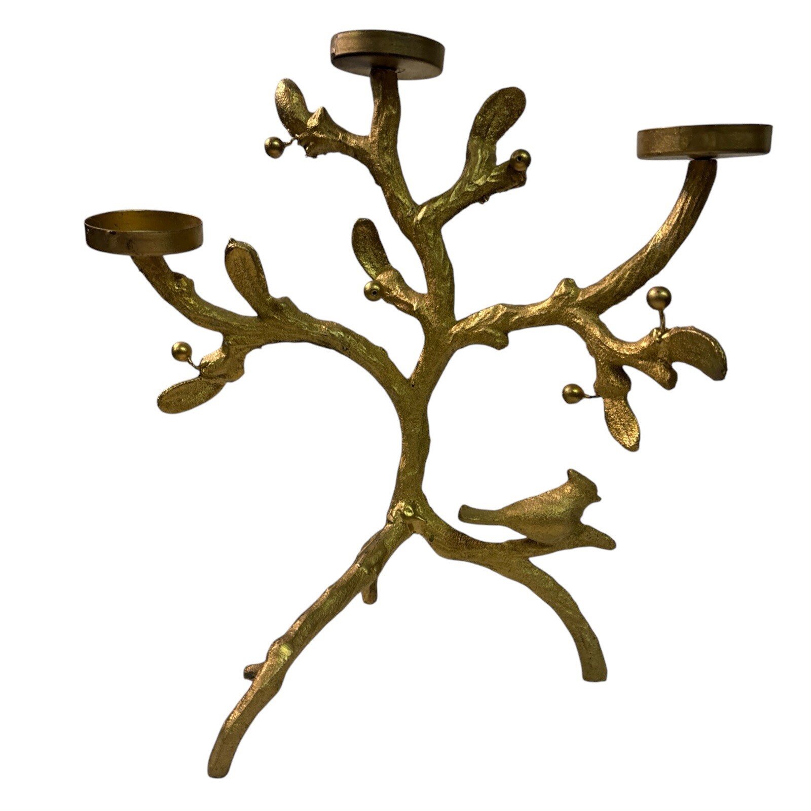 Vintage Cast Gold Tone Wrought Iron Bird Branch Triple Candle Holder 12” Vintage Cast Gold Tone Wrought Iron Bird Branch Triple Candle Holder 12”