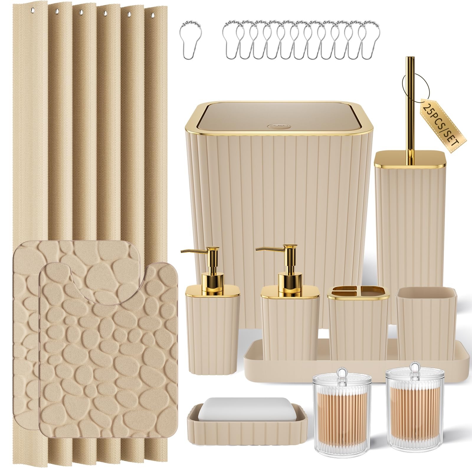 XLHOMO Bathroom Set Beige Gold Bath Set Shower Curtain Rugs XLHOMO Bathroom Set Beige Gold Bath Set Shower Curtain Rugs