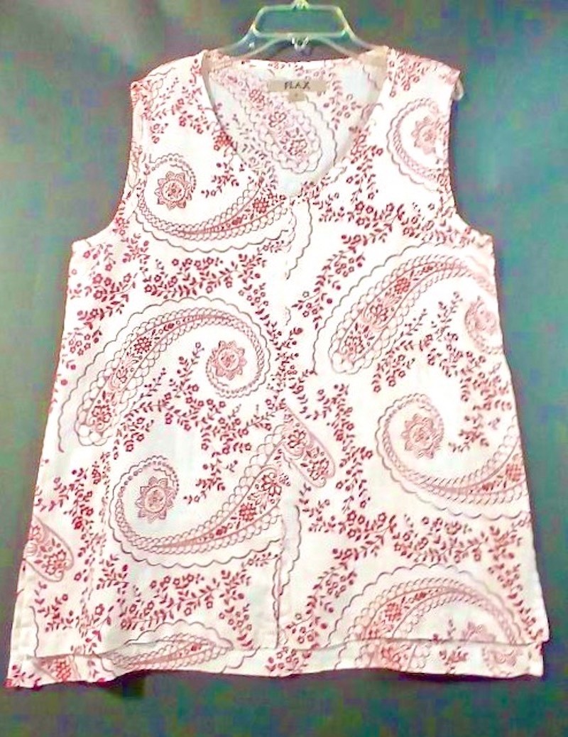 FLAX Linen Sleeveless Top, SMALL Red & White Floral Paisley A-Line Lagenlook NEW