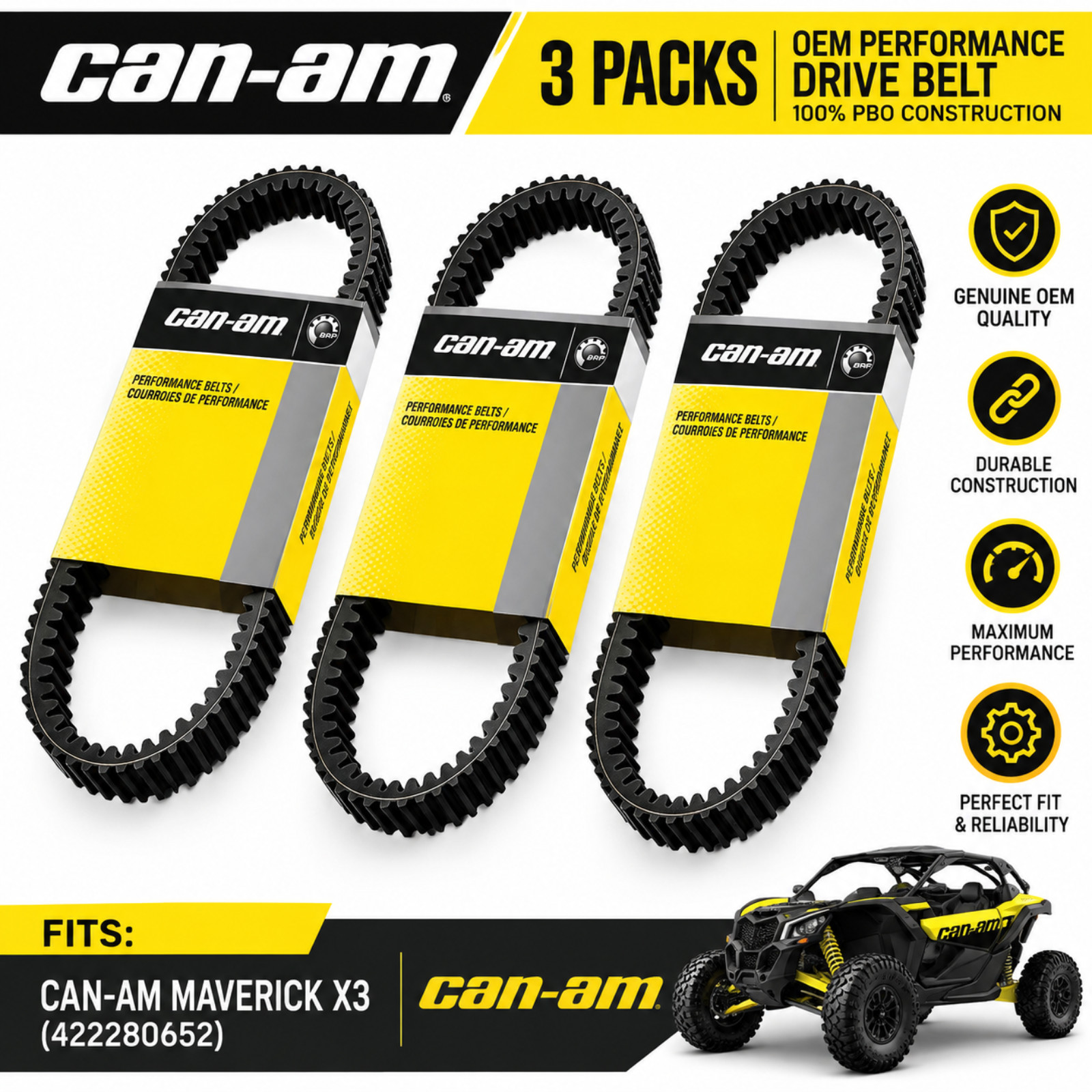 3 Packs Can-Am New OEM 100% PBO Performance Drive Belt Maverick X3, 422280652