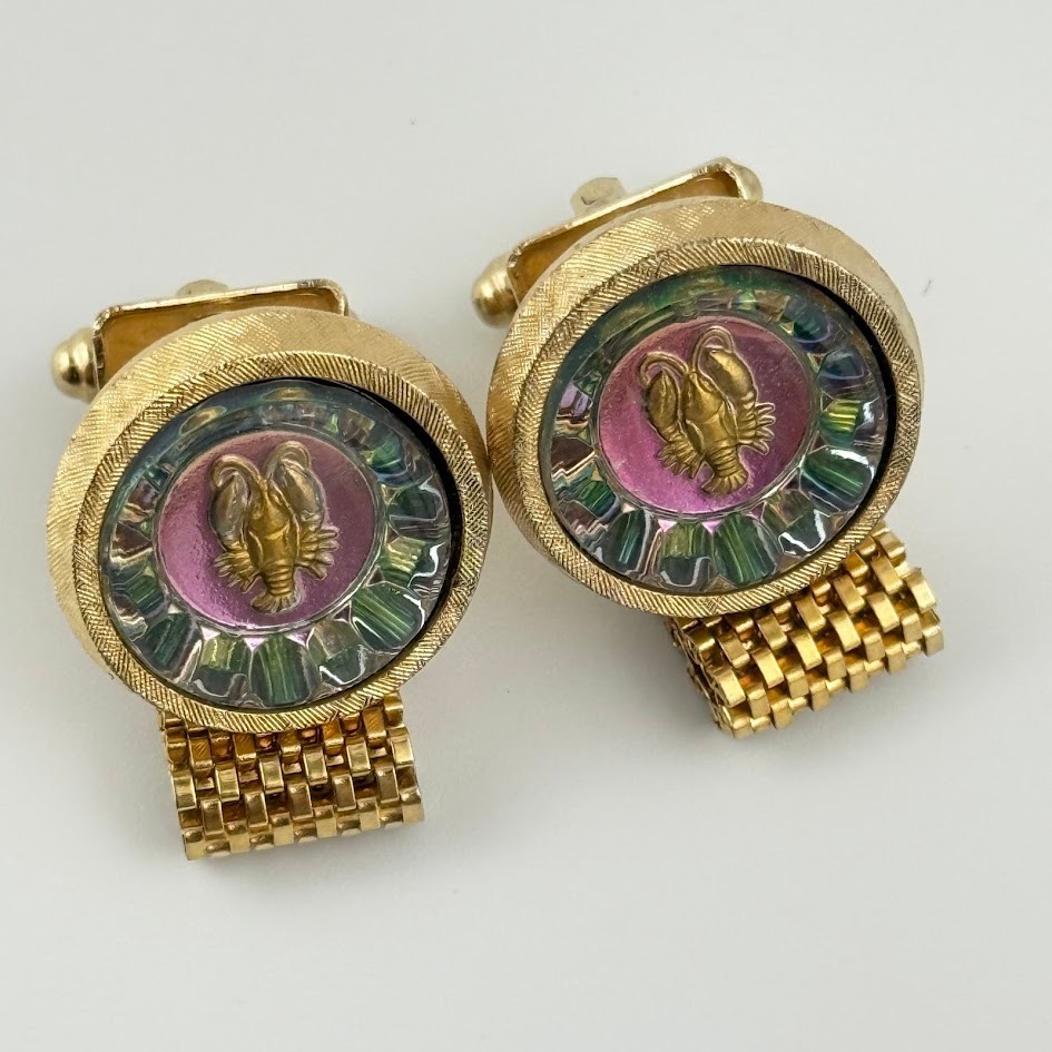 Vtg Hickok Zodiac Lobster Cufflinks Iridescent Glass Gold Tone Mens Astrology Vtg Hickok Zodiac Lobster Cufflinks Iridescent Glass Gold Tone Mens Astrology