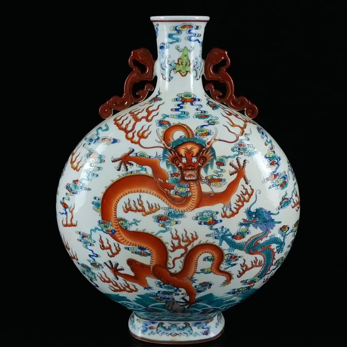 Antique Chinese Qing Dynasty Famille Rose Moon Flask with Twin Handles