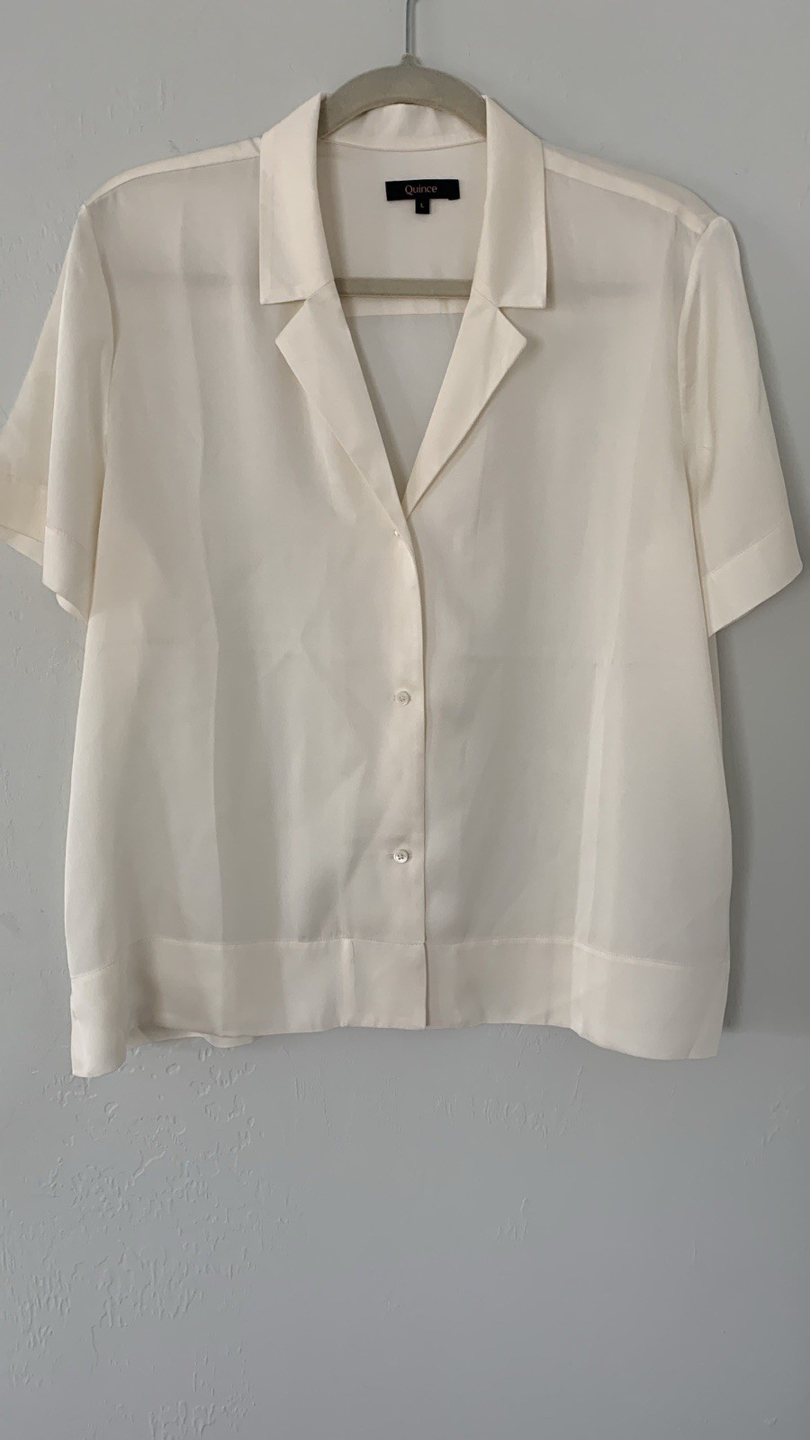 Quince Washable Stretch Silk Satin Button-Up Collared Short Sleeve Blouse L Quince Washable Stretch Silk Satin Button-Up Collared Short Sleeve Blouse L
