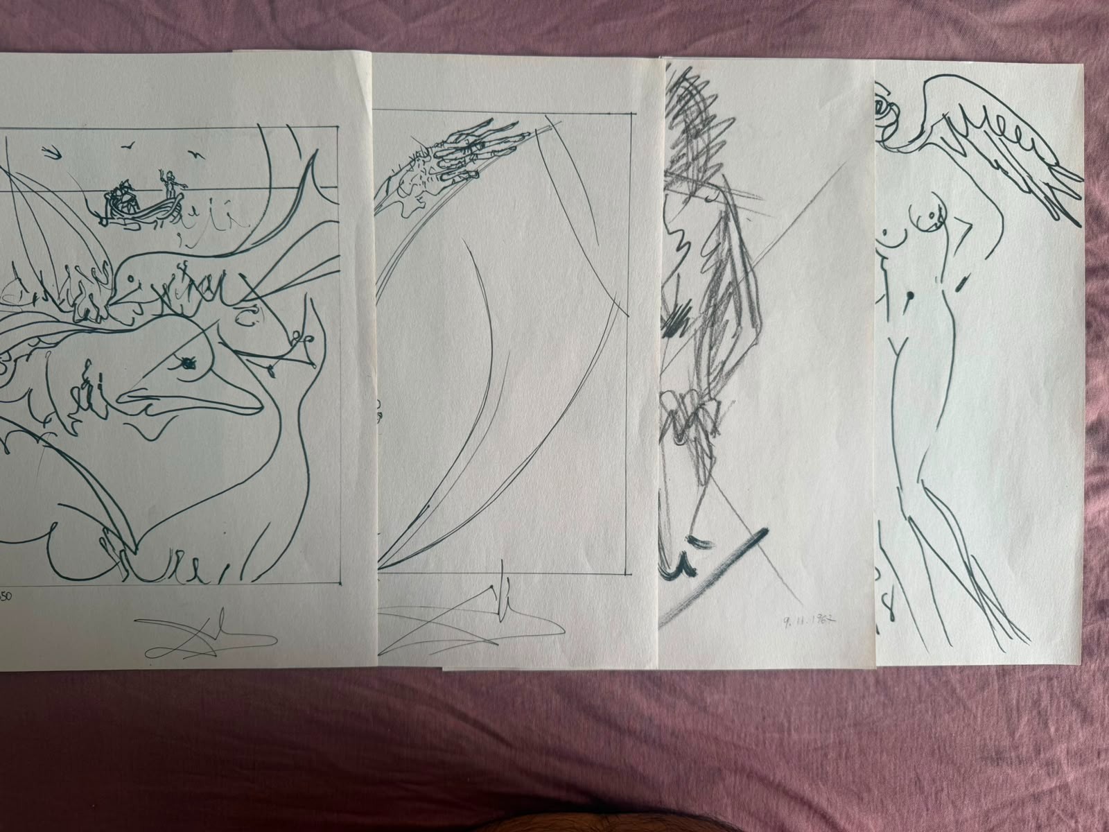 A LOT OF 4 SALVADOR DALI DRAWING ON OLD PAPER SIGNED STAMPED HANDMADE