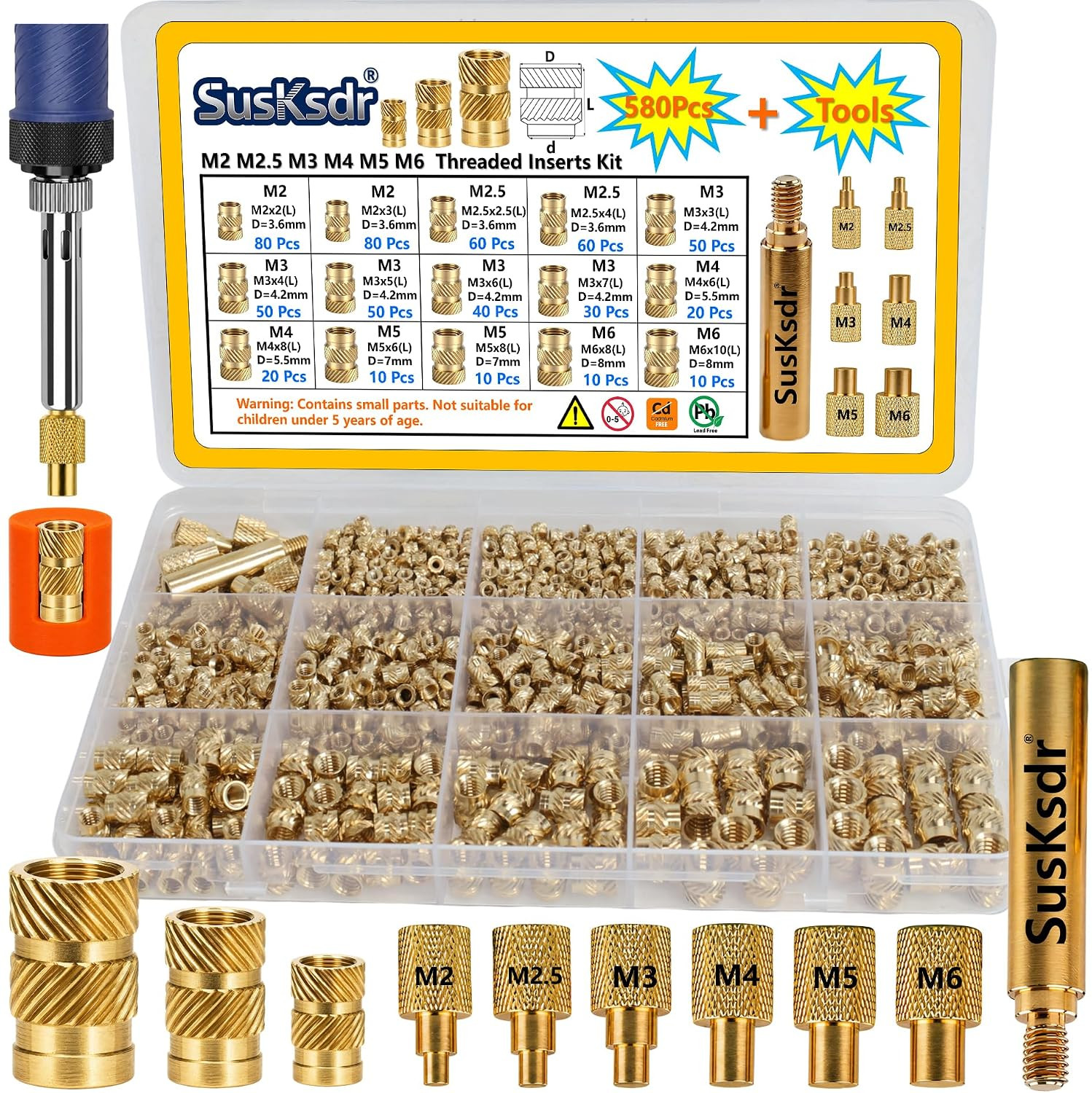 580+7PCS Heat Set Threaded Inserts Kit, M2 M2.5 M3 M4 M5 M6 Metric Brass Threade 580+7PCS Heat Set Threaded Inserts Kit, M2 M2.5 M3 M4 M5 M6 Metric Brass Threade