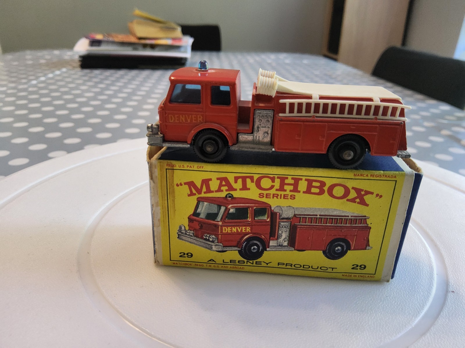 Vintage Matchbox 29c Fire pumper truck, in original box
