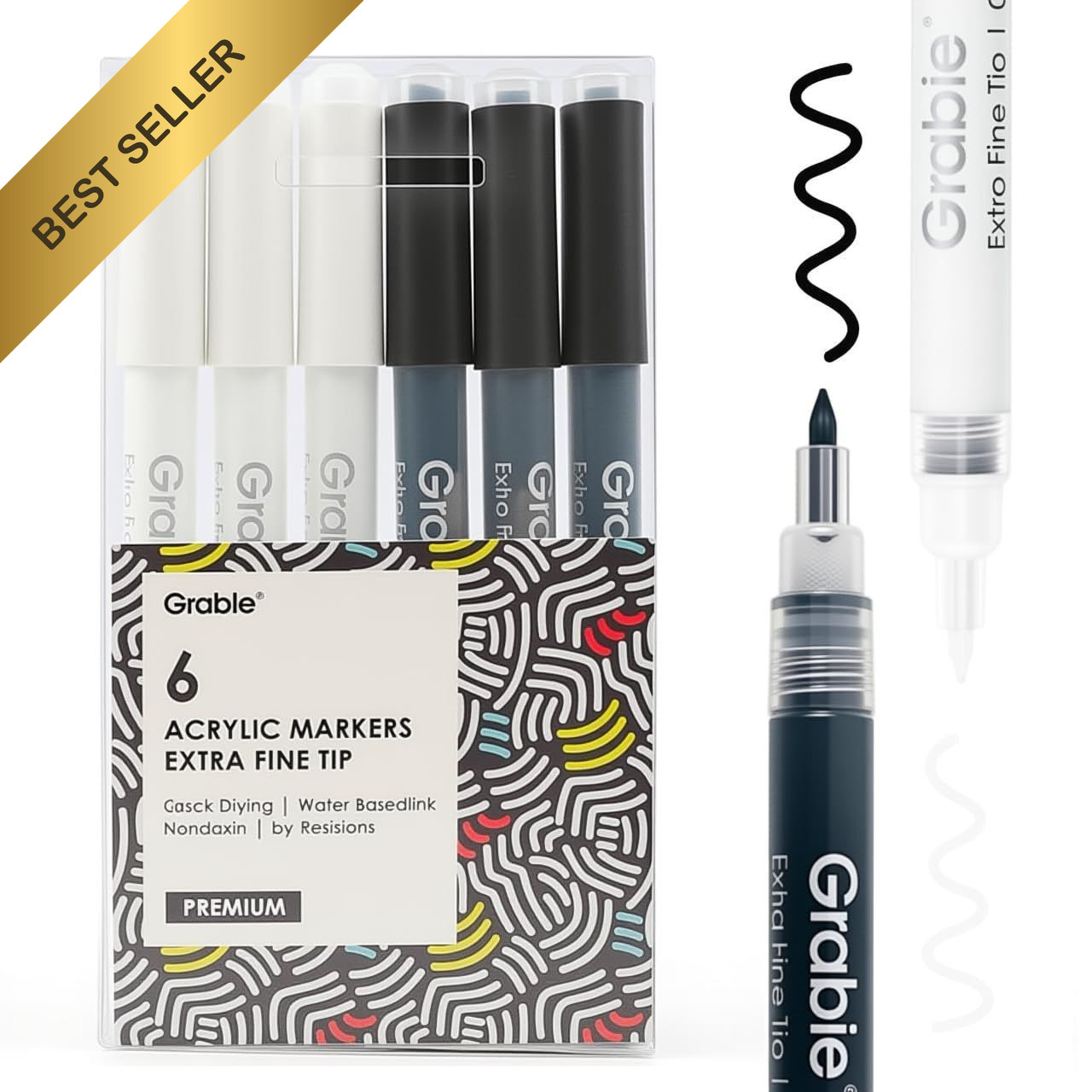 Grabie Acrylic Paint Markers 6 Pack Black White 0.7mm Extra Fine Tip Pens Grabie Acrylic Paint Markers 6 Pack Black White 0.7mm Extra Fine Tip Pens