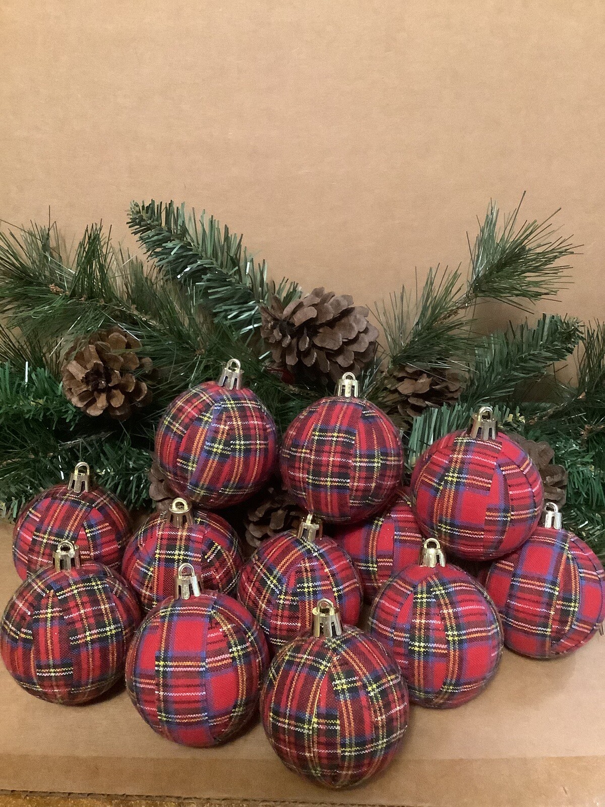 12 Red Tartan Plaid 2.5” Rustic Farmhouse Handmade Christmas Tree Ornaments, New 12 Red Tartan Plaid 2.5” Rustic Farmhouse Handmade Christmas Tree Ornaments, New