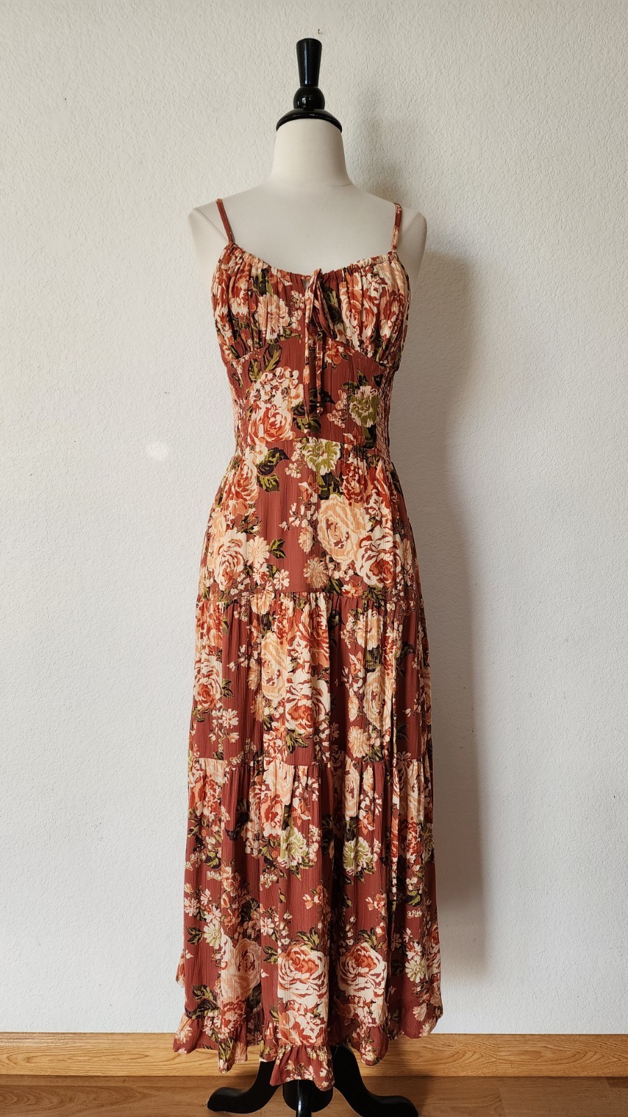 New Anthro Maxi Dress Size Small Mauve Coquette Romantic Brunch Bow Pockets