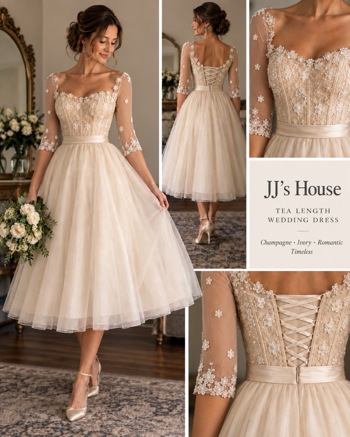 JJ’s House Champagne Ivory Dress – Embroidered Tulle Gown Tea Length