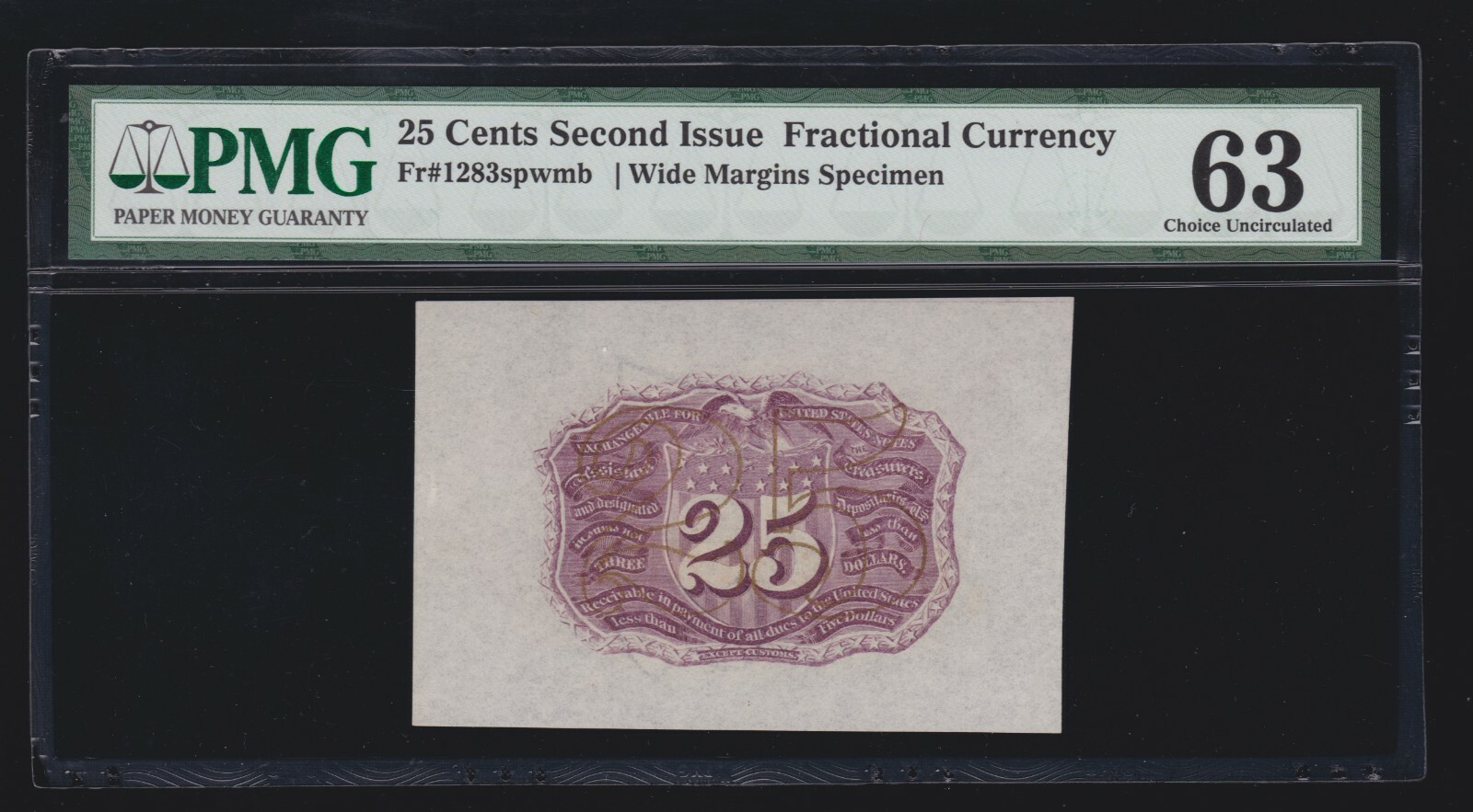 US 25c Fractional Currency Note Specimen spwmb FR 1283sp PMG 63  Ch CU
