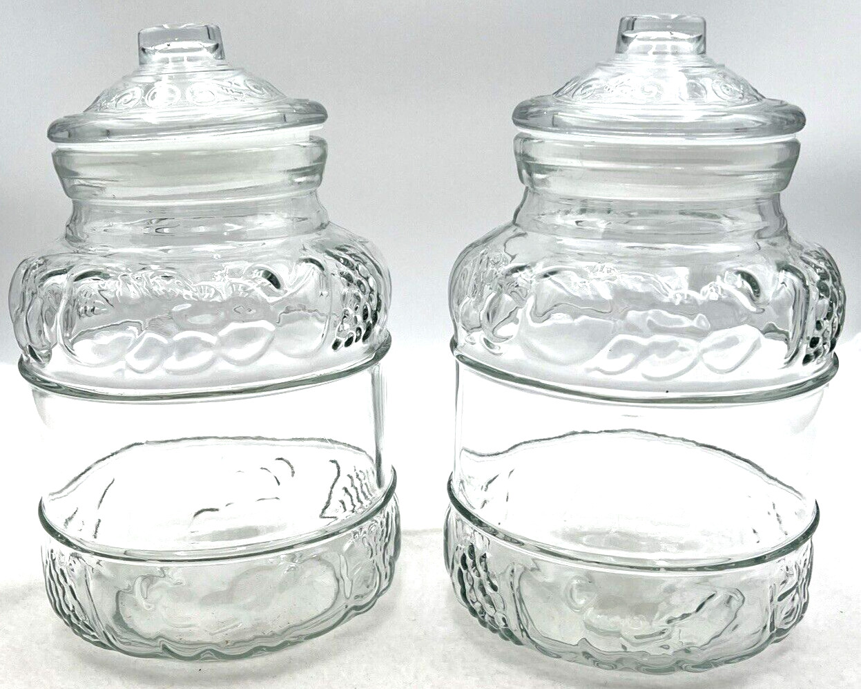 Vintage Clear Glass Cookie Jar Canister Set Fruit Pattern Rubber Seals KIG