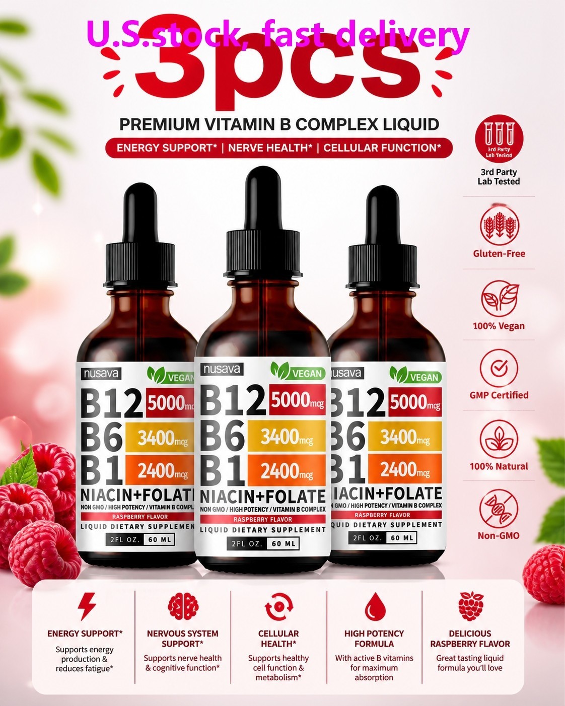 NUSAVA Vitamin B12 Drops – 3 Pack – 5000mcg – Raspberry – 80 Servings NUSAVA Vitamin B12 Drops – 3 Pack – 5000mcg – Raspberry – 80 Servings