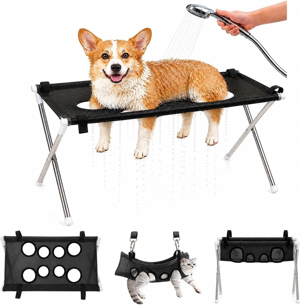 Dog Grooming Hammock Stand, Foldable Dog Bath Holder Sling Shower Chair Dog Grooming Hammock Stand, Foldable Dog Bath Holder Sling Shower Chair