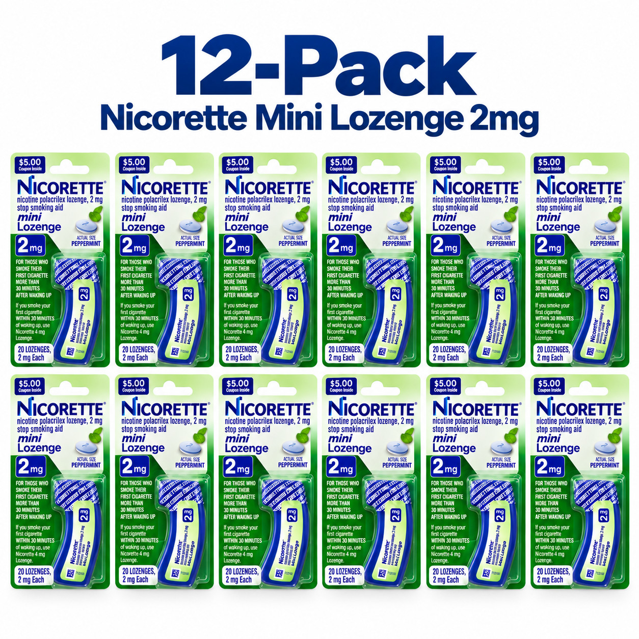 Lot of 12 - Nicorette 2mg Mini Lozenges PepperMint 20 count each EXP 11/2027 Lot of 12 - Nicorette 2mg Mini Lozenges PepperMint 20 count each EXP 11/2027