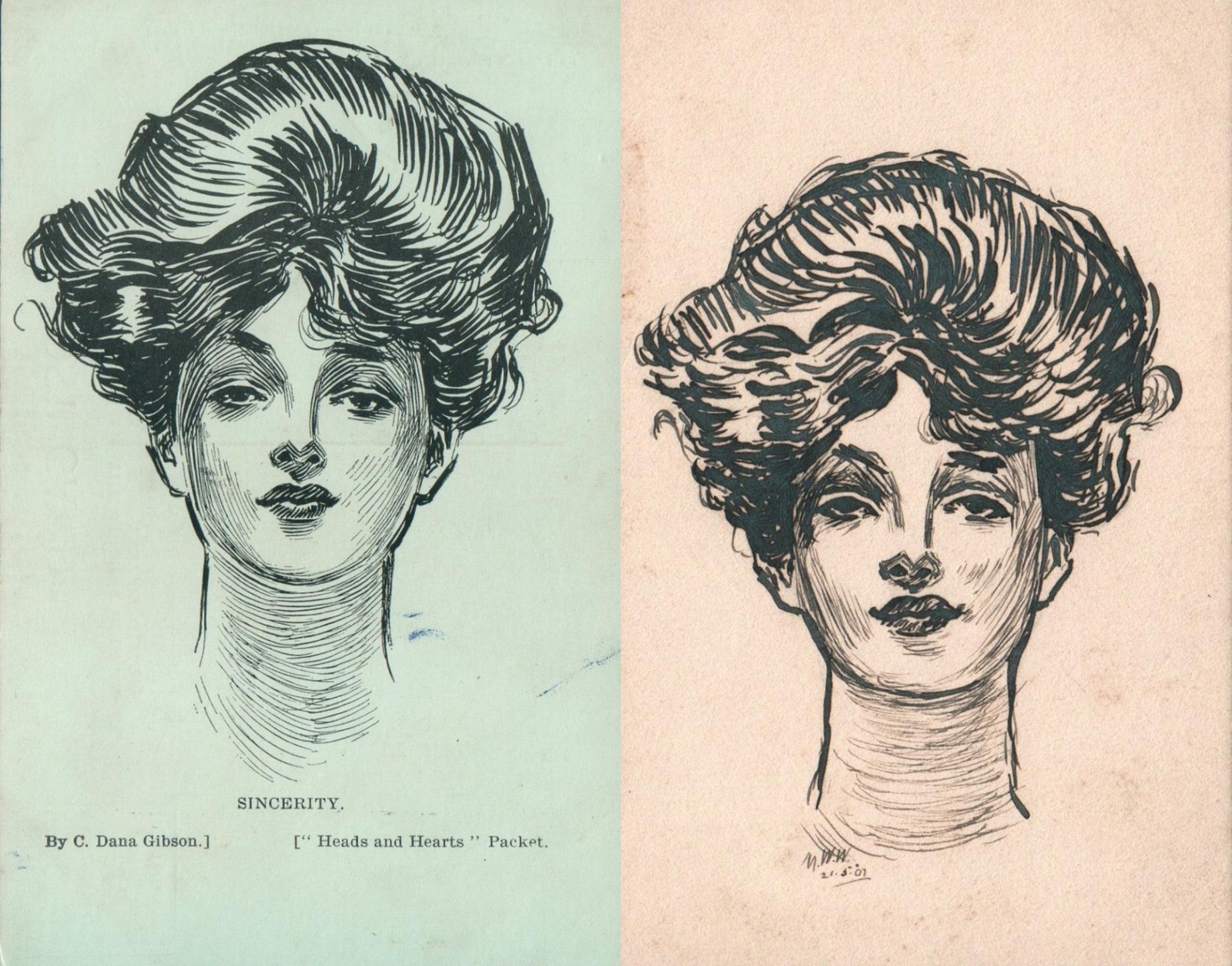 Vintage Gibson Girl Sincerity Postcard Art and Hand Drawn Copy 1907 Pair Vtg Ink
