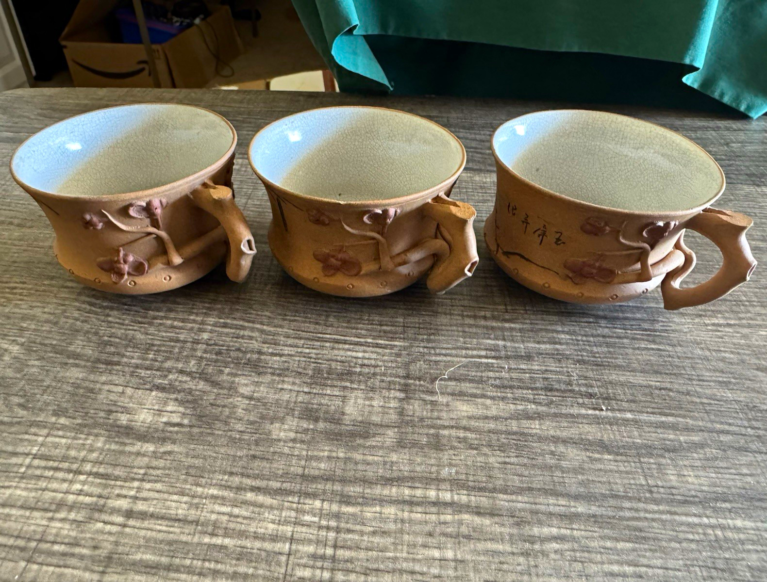 Rare 1970s Handmade Chinese Duan Ni Yixing Zisha Clay Teacups w/ Crackle Glaze Rare 1970s Handmade Chinese Duan Ni Yixing Zisha Clay Teacups w/ Crackle Glaze