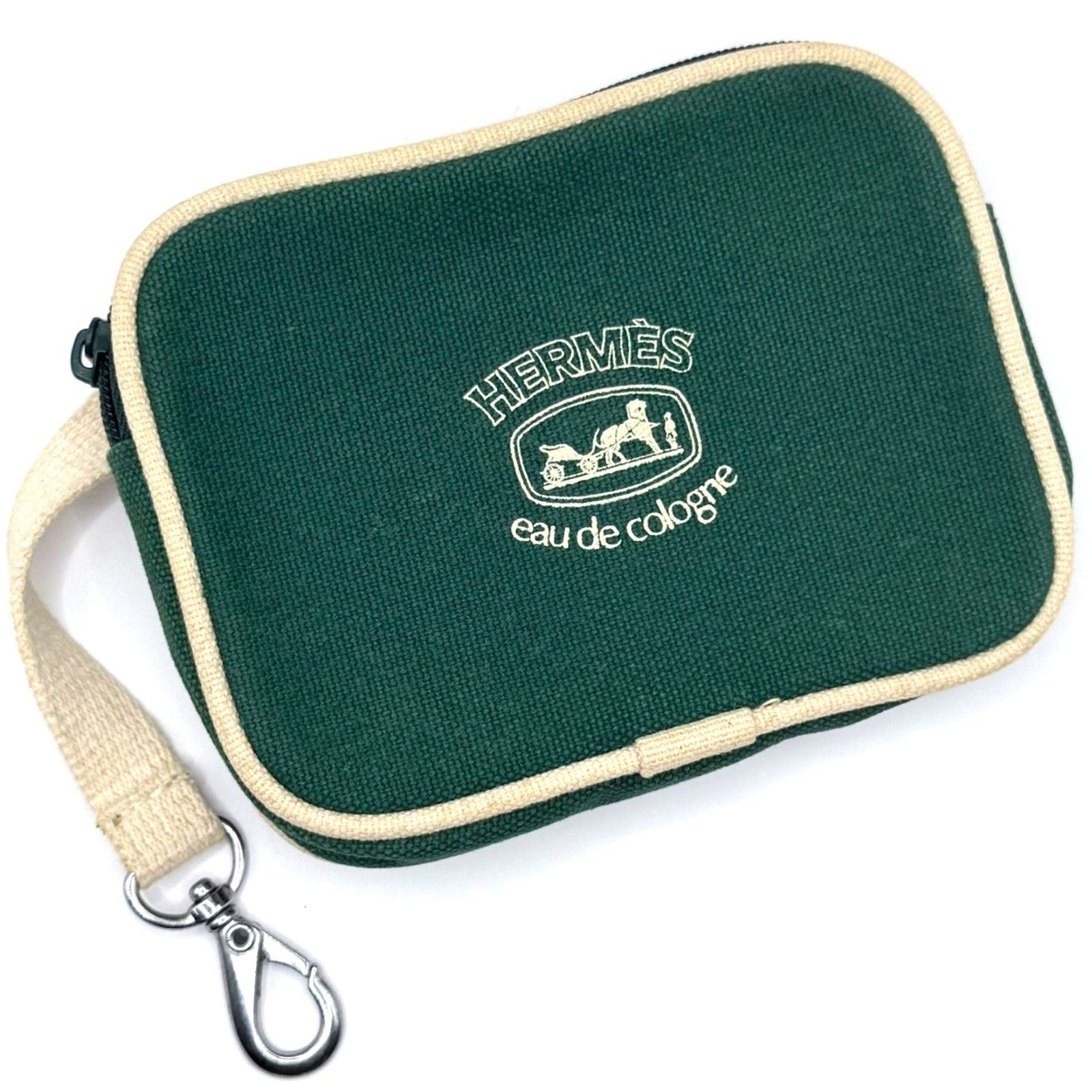 Hermès Eau de Cologne Vintage Green Zip Travel Pouch Clip Rare Authentic