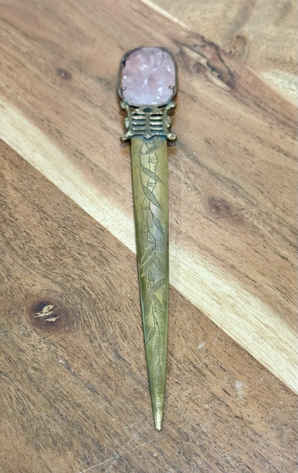 Antique Chinese Republic Brass Letter Opener Hand Carved Rose Quartz Shou Cicado