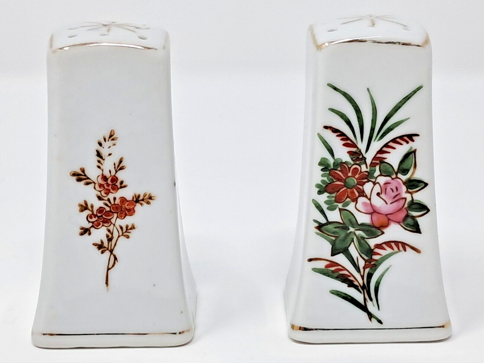 H. Kato Occupied Japan Salt & Pepper Shaker Set white ceramic hand painted flora