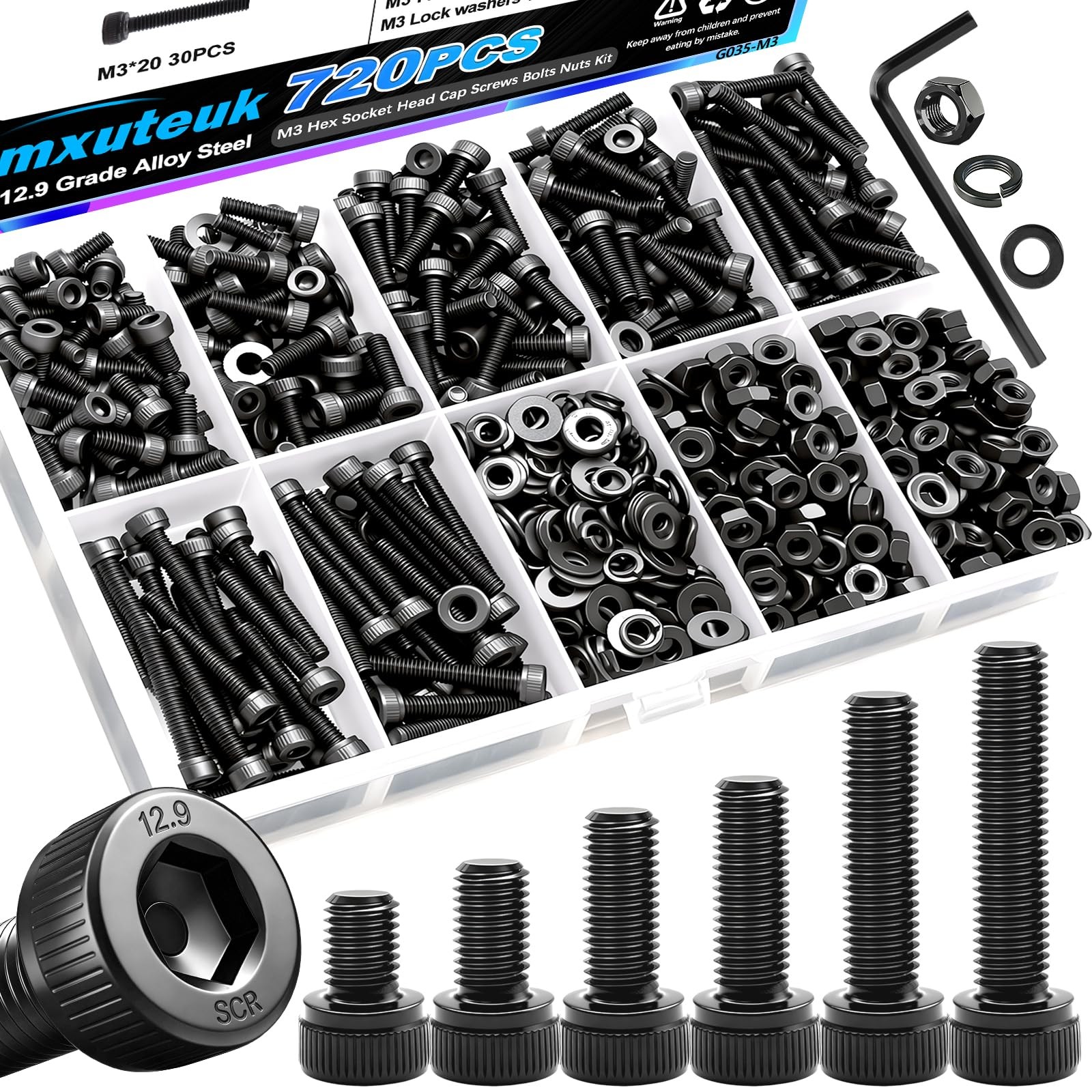 720PCS M3 Hex Socket Screw Nut Washer Assortment Kit 12.9 Alloy Steel Metric 720PCS M3 Hex Socket Screw Nut Washer Assortment Kit 12.9 Alloy Steel Metric