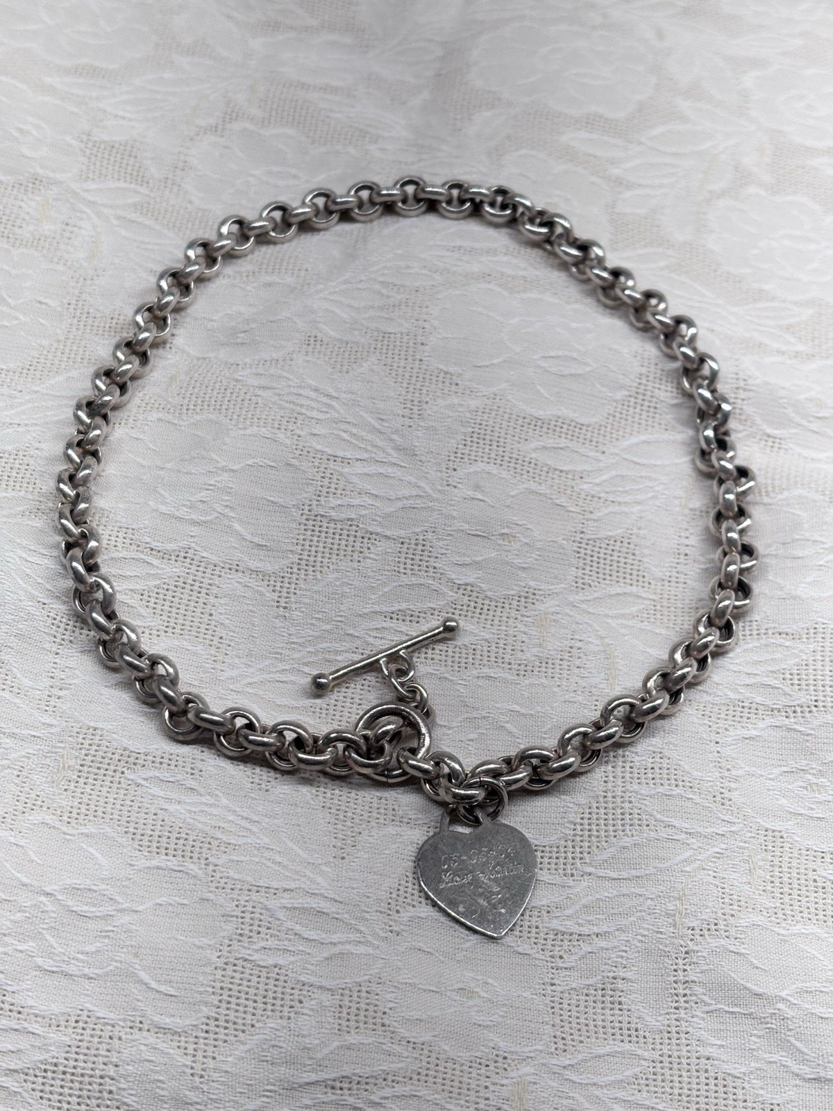 Vintage 925 Italian sterling silver rolo chain toggle clasp heart dog tag choker Vintage 925 Italian sterling silver rolo chain toggle clasp heart dog tag choker