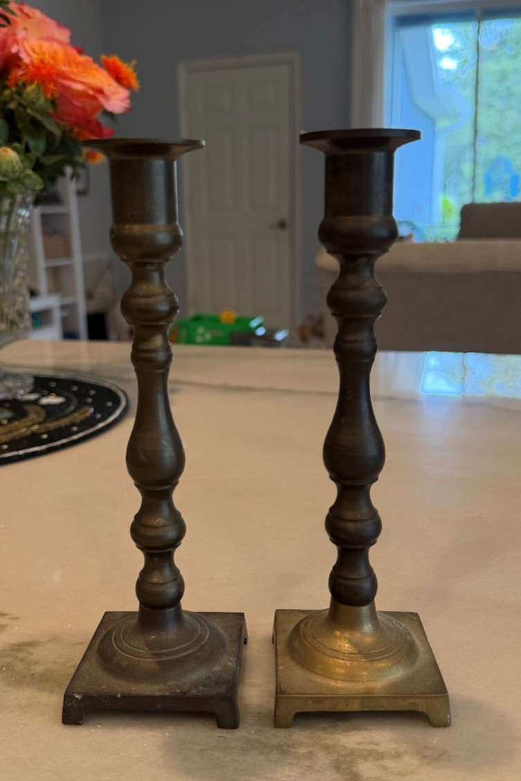 Vintage Brass Candlesticks Pair 8 Inch Square Base Taper Holders
