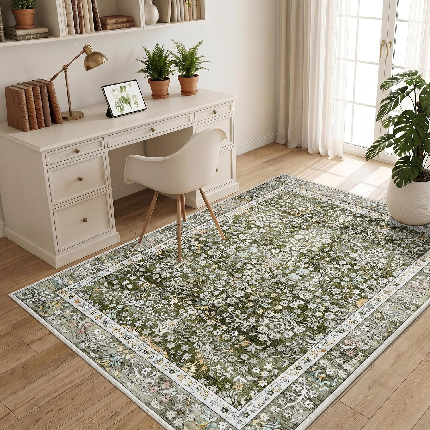 Vintage 5X7 Area Rugs Washable: Sage Green Botanical Rug for Living Room | Boho Vintage 5X7 Area Rugs Washable: Sage Green Botanical Rug for Living Room | Boho