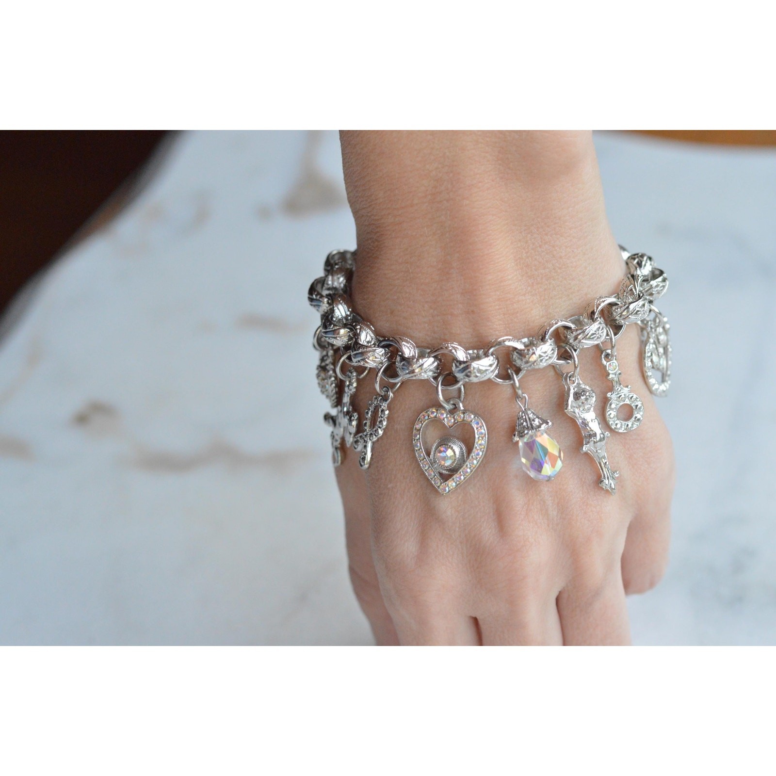 Signed Vintage Kirks Folly Silver Tone Multi Charm Bracelet